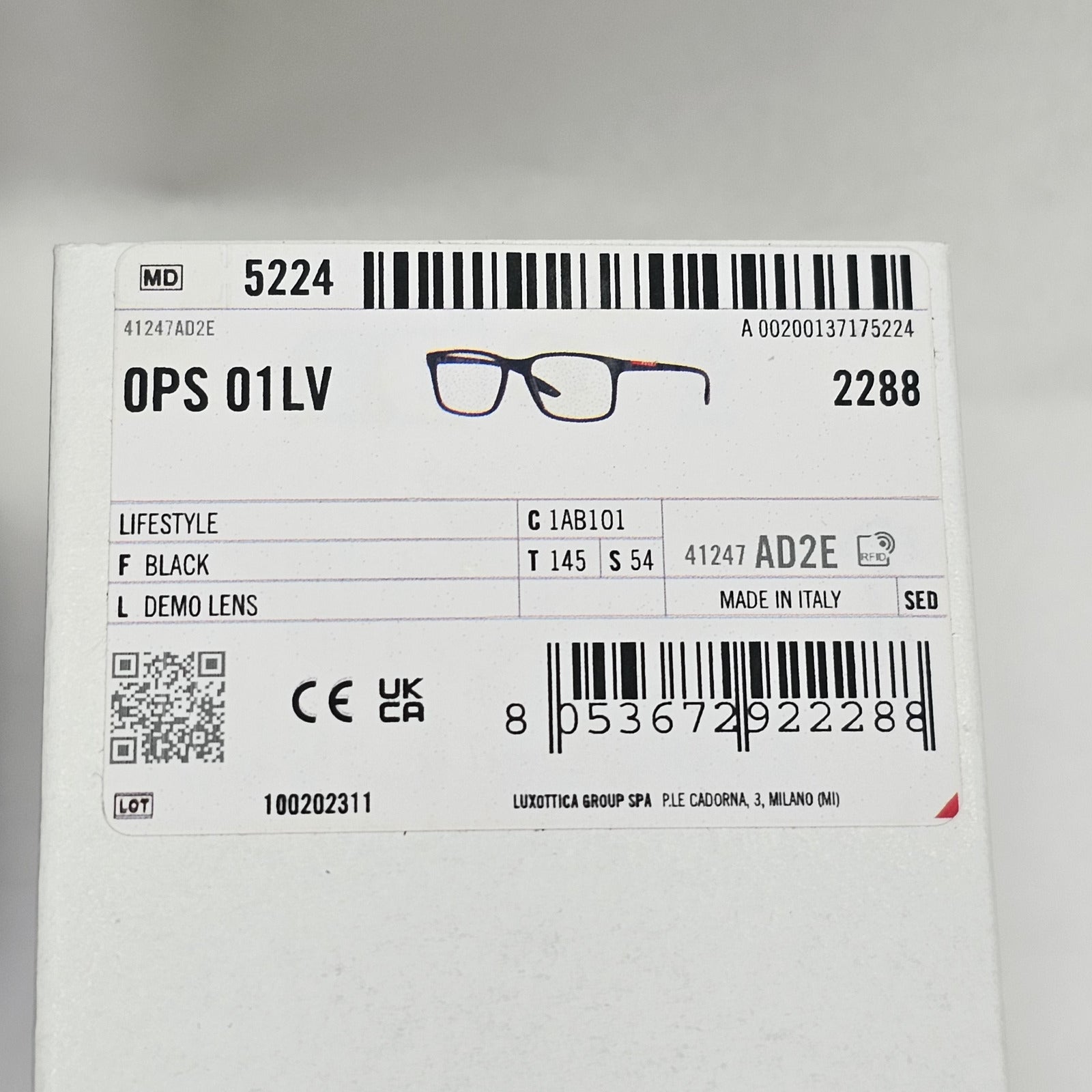 Prada Sunglasses Black Square Glossy Red Stripe PS01LV VPS 01L 1AB-1O1 54mm