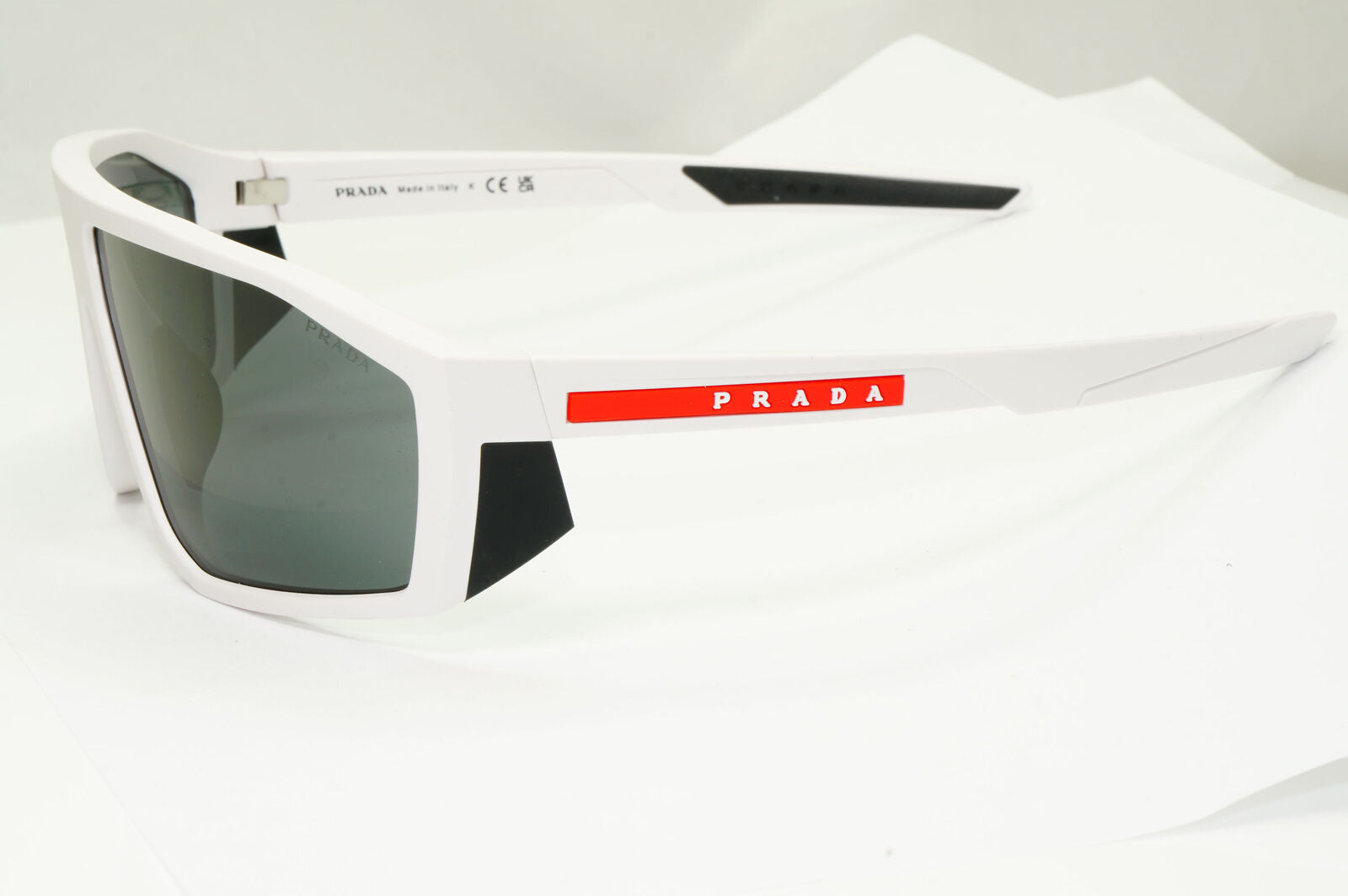Prada White Black Sunglasses Wrap Red Stripe Mens Rossa PS08WS SPS 08W AAI-06F