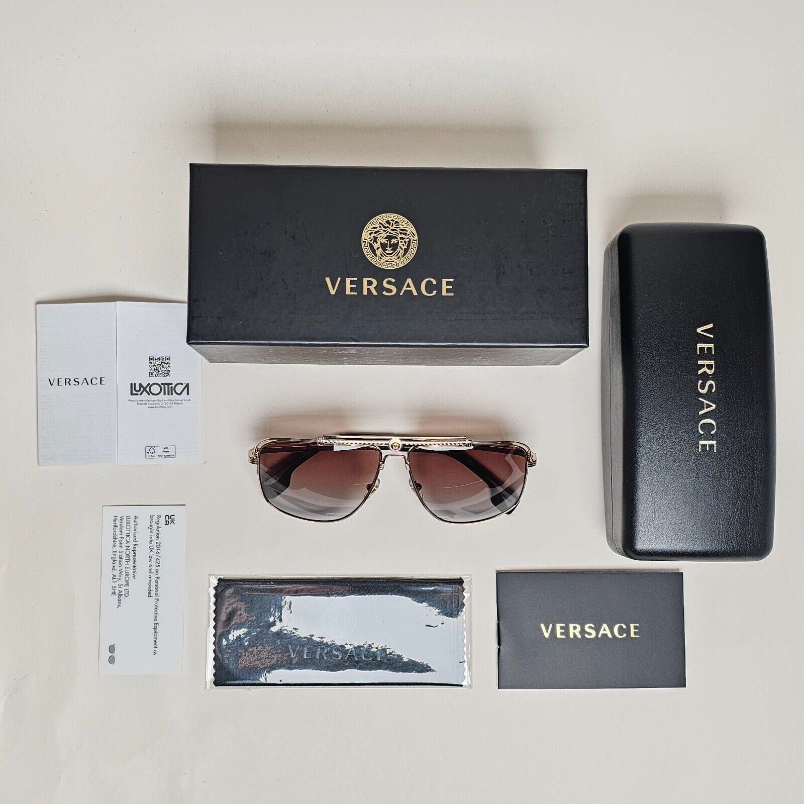Versace Sunglasses Gold Brown Grey Navigator Pilot MOD VE 2242 1002/89 61mm