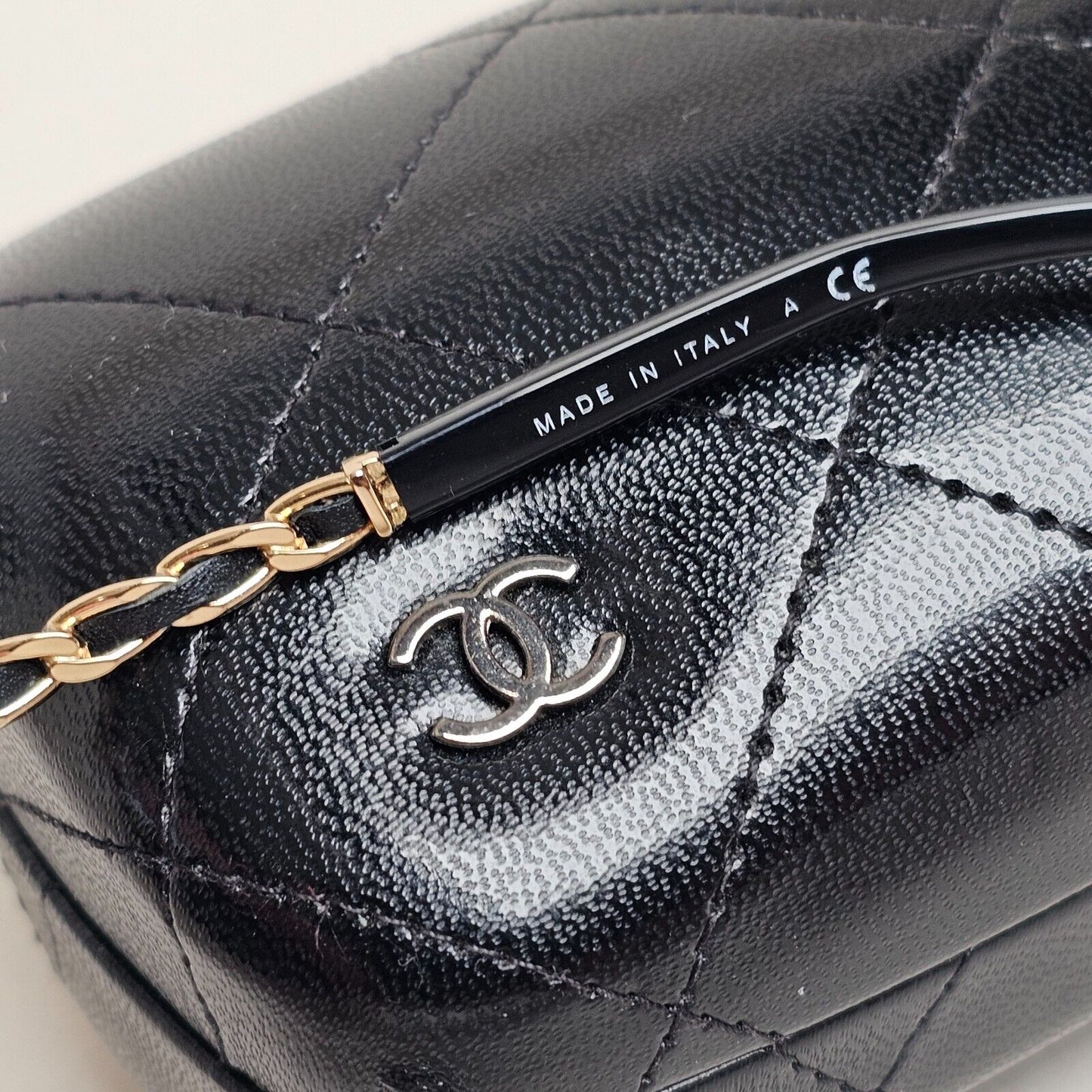 Chanel Sunglasses Black Gold Leather Chain Rectangle 5209-Q c.501/3C 050225