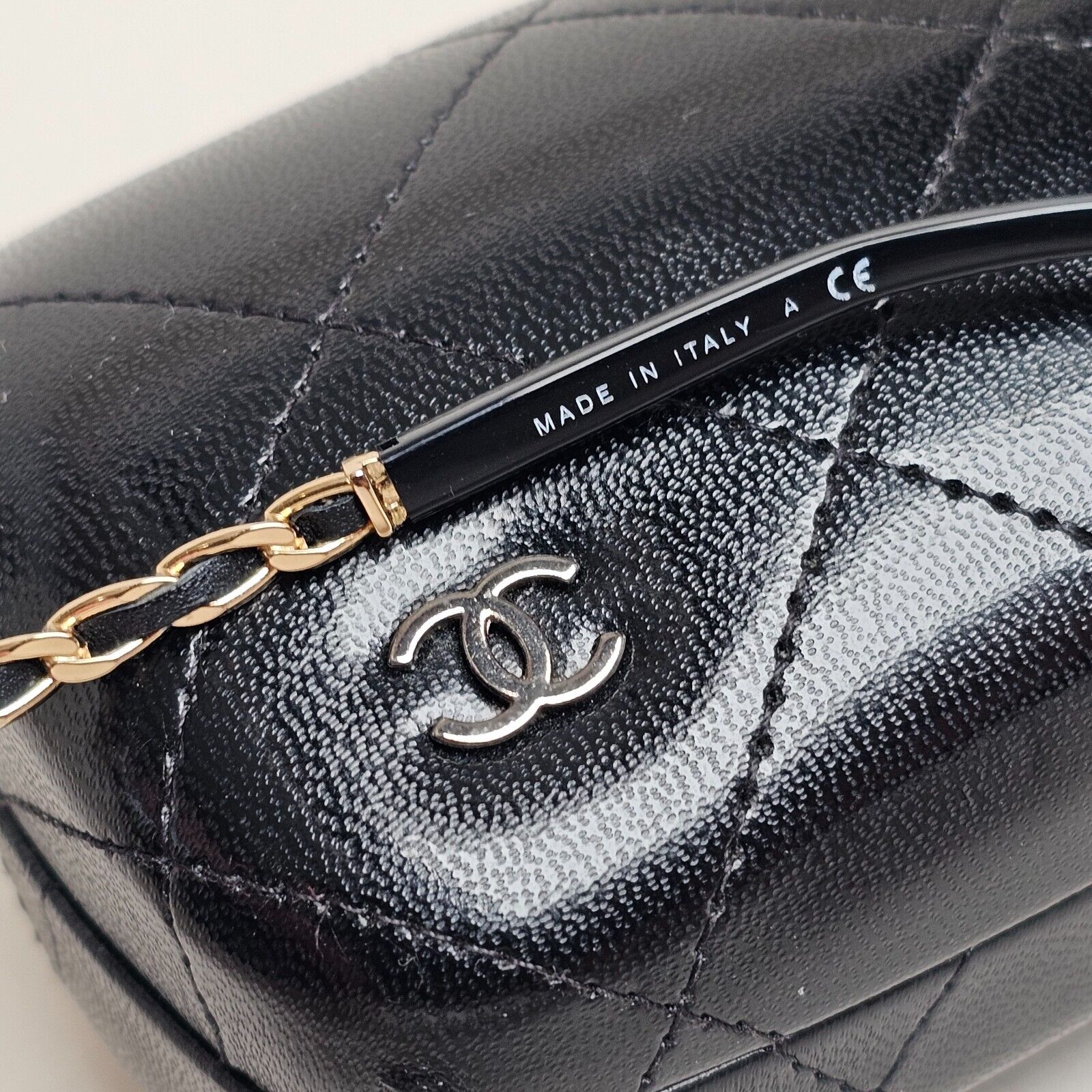Chanel Sunglasses Black Gold Leather Chain Rectangle 5209-Q c.501/3C 050225