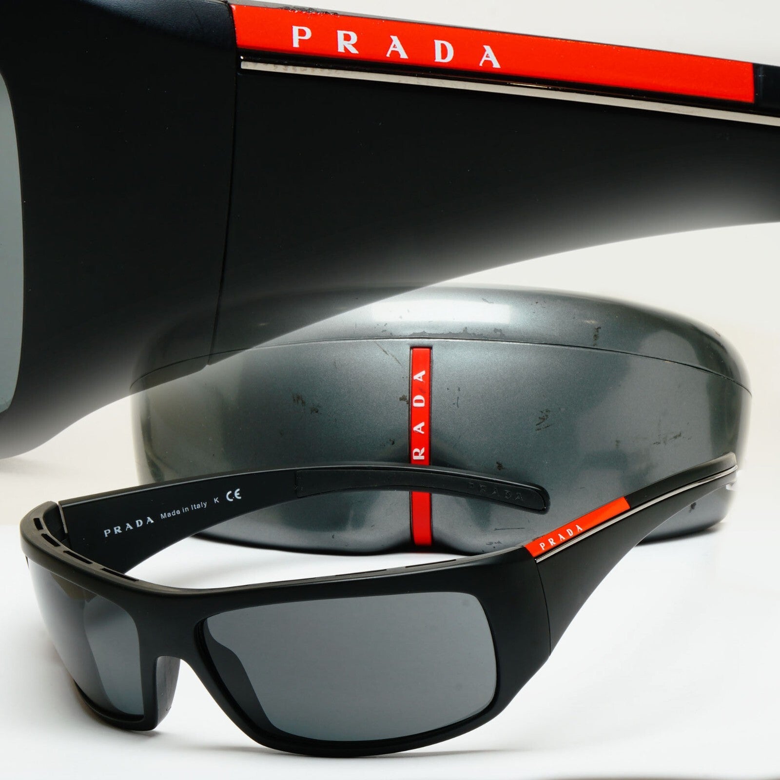 Prada Sunglasses Black Mattw Wrap Red Stripe PS01LS SPS 01L 1BO-1A1 130225