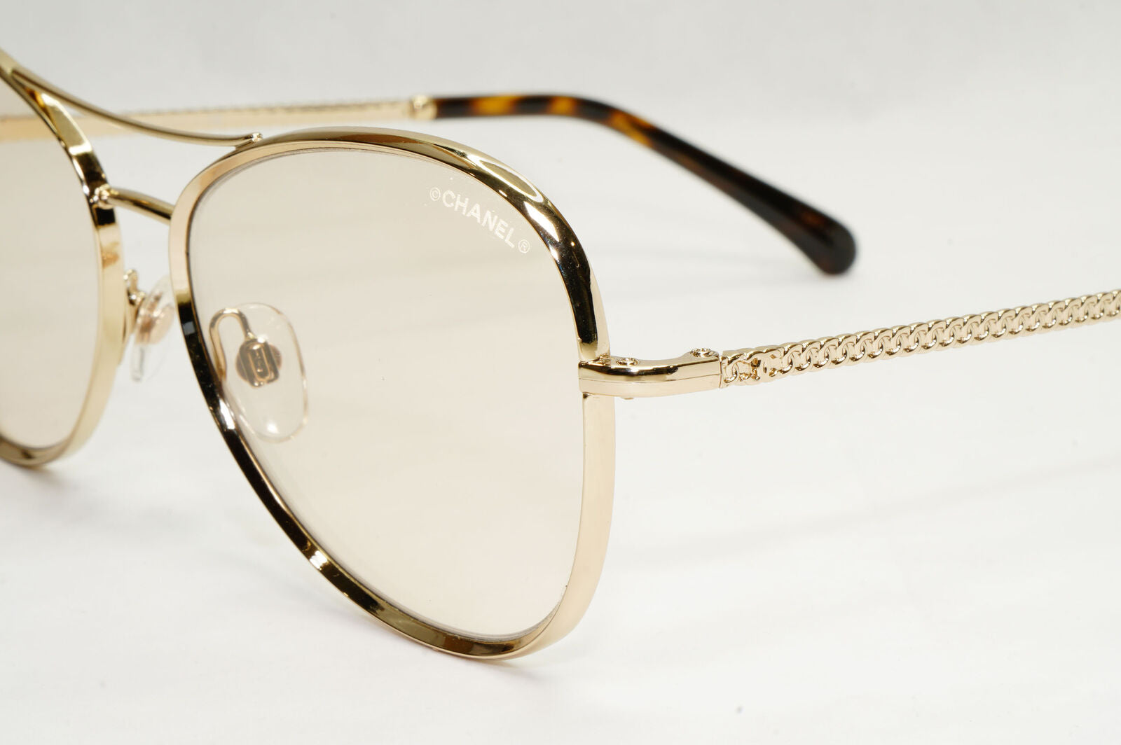 Chanel Sunglasses Gold Brown Square Metal Chain 2181-S c.395 56mm Cat 1
