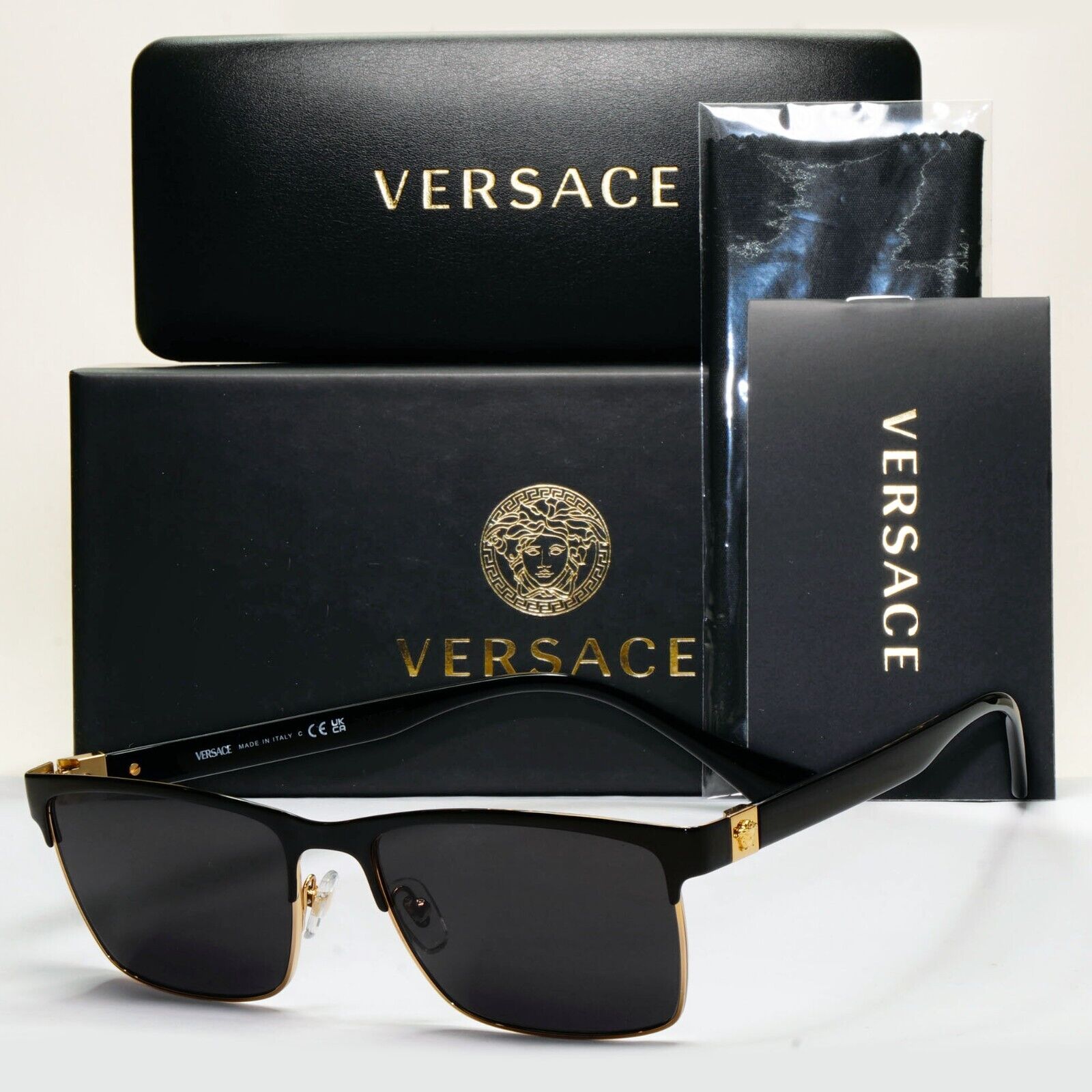 Versace Sunglasses Black Gold Medusa Metal Square MOD VE 1285 1443 56mm