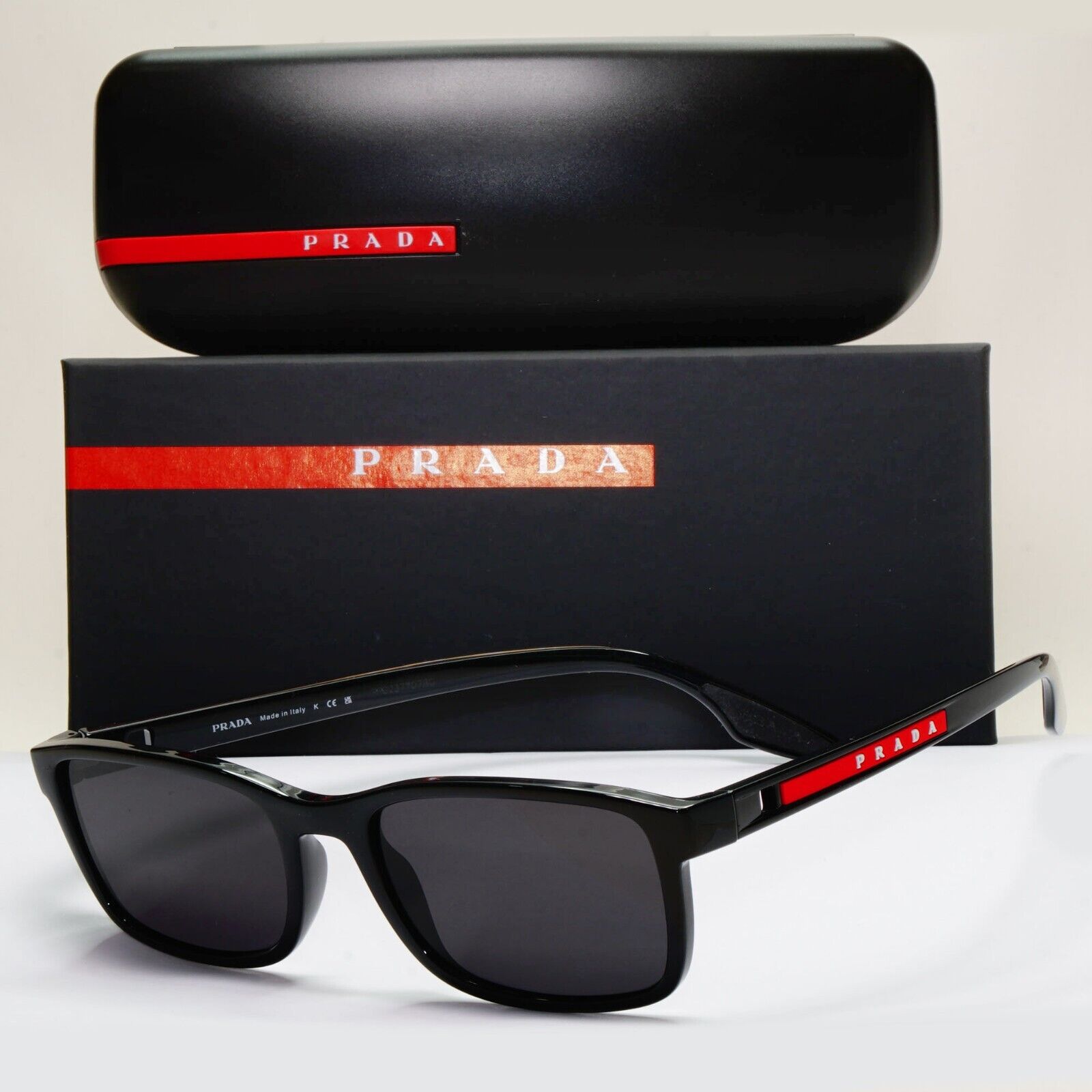 Prada Sunglasses Black Glossy Square Red Linea Rossa PS09OV VPS 09O 1AB-1O1 55mm