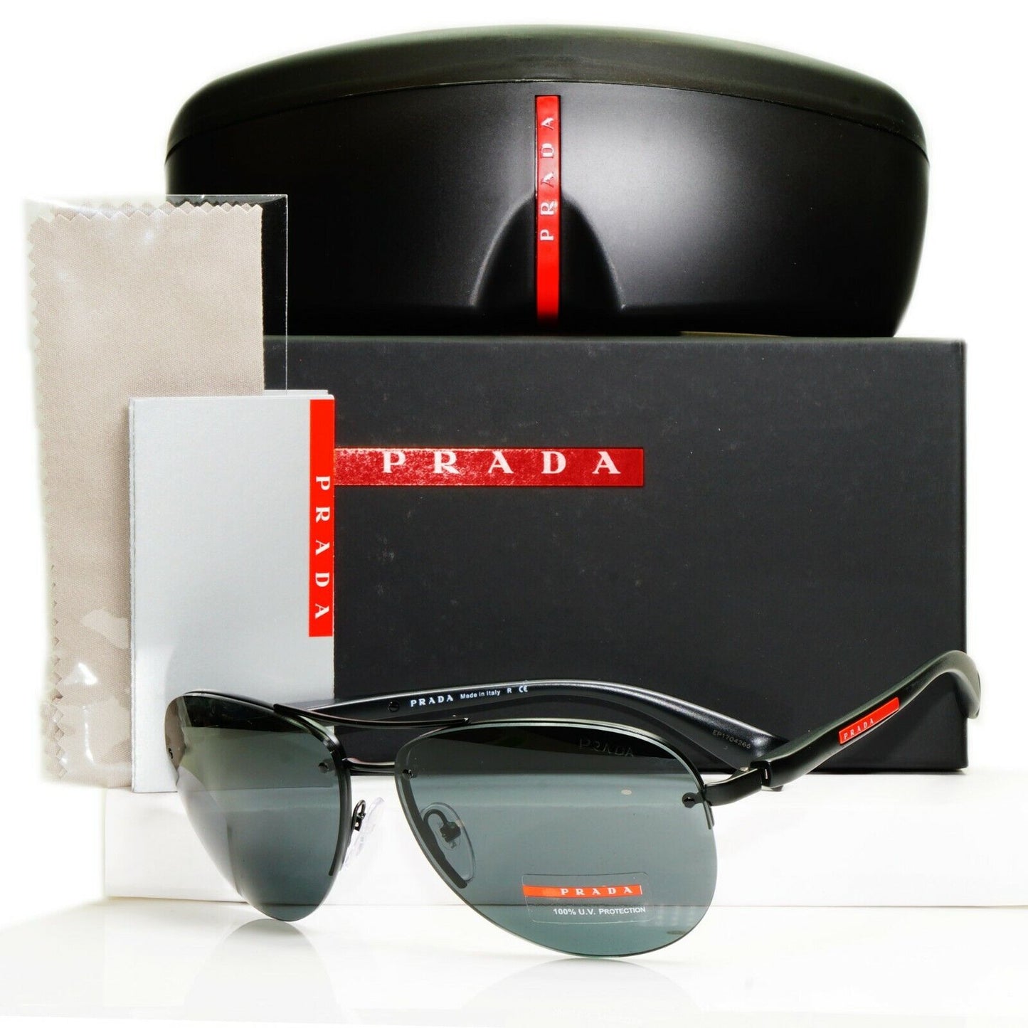 Authentic Prada Mens Sunglasses Black Pilot SPS 56M 1BO-1A1 Rossa Red Stripe