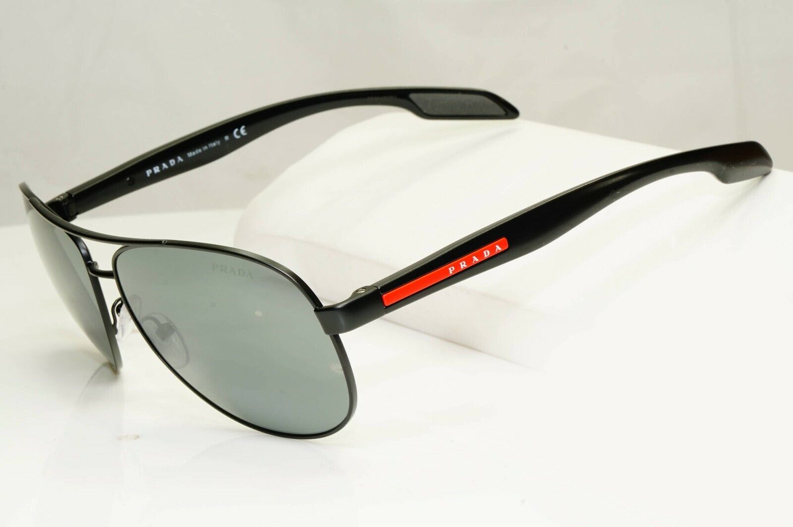 Prada Black Grey Mirror Pilot Sunglasses Mens SPS 53P 1BO-7W1 Red Stripe Sport