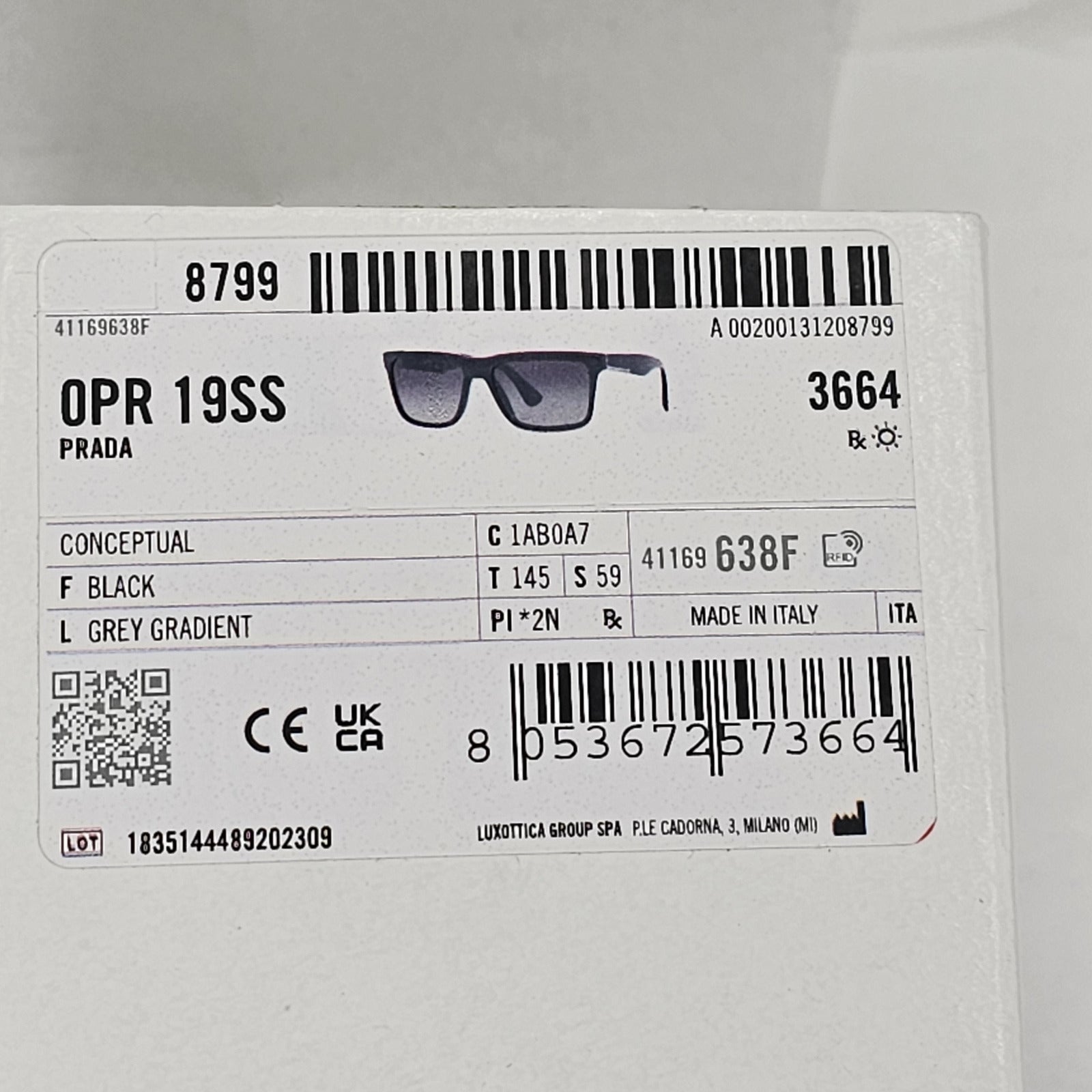 Prada Sunglasses Black Grey Gradient Square Glossy PR19SS SPR 19S 1AB-0A7 59mm