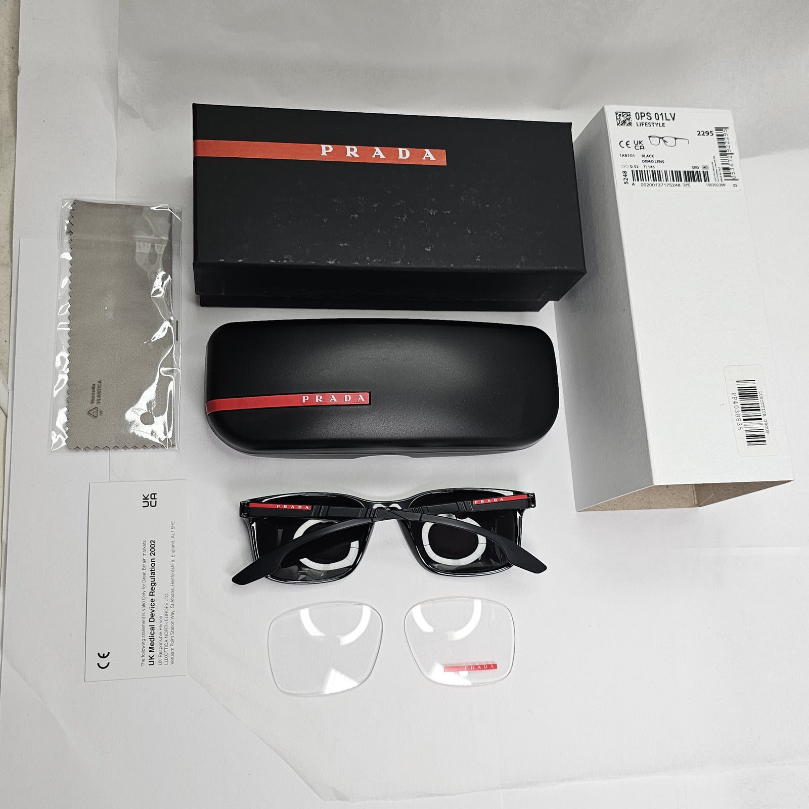 Prada Sunglasses Black Glossy Square Red Stripe PS01LV VPS 01L 1AB-1O1 52mm
