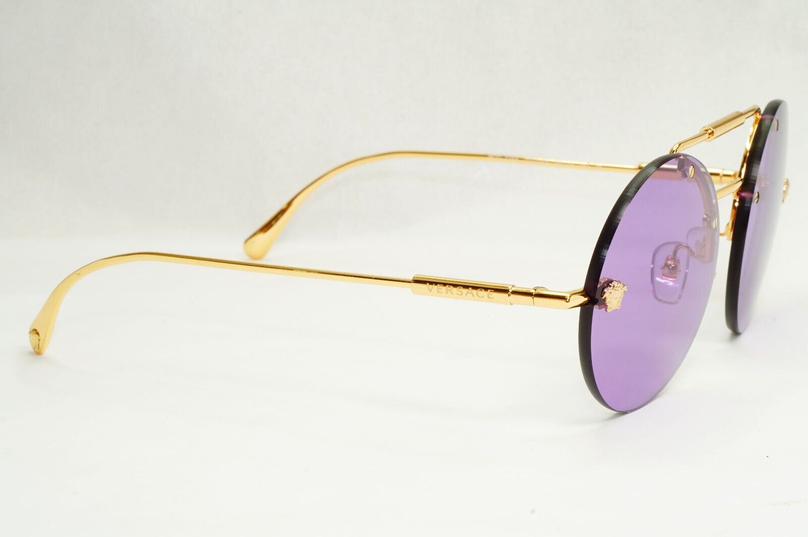 Versace Sunglasses Gold Round Rimless Medusa Violet MOD VE 2244 1002/69 56mm