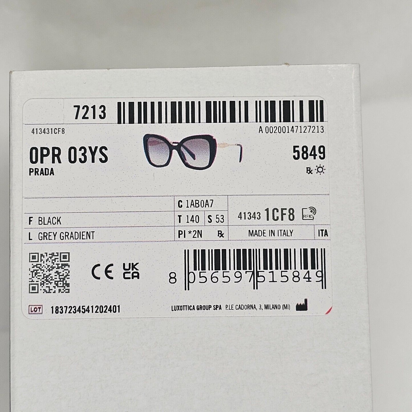 Prada Sunglasses Black Gold Square Grey Gradient Milano PR03YS SPR 03Y 1AB-0A7