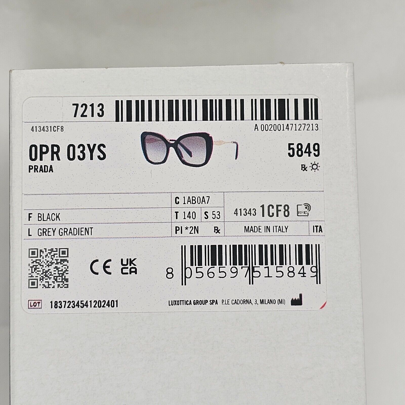Prada Sunglasses Black Gold Square Grey Gradient Milano PR03YS SPR 03Y 1AB-0A7