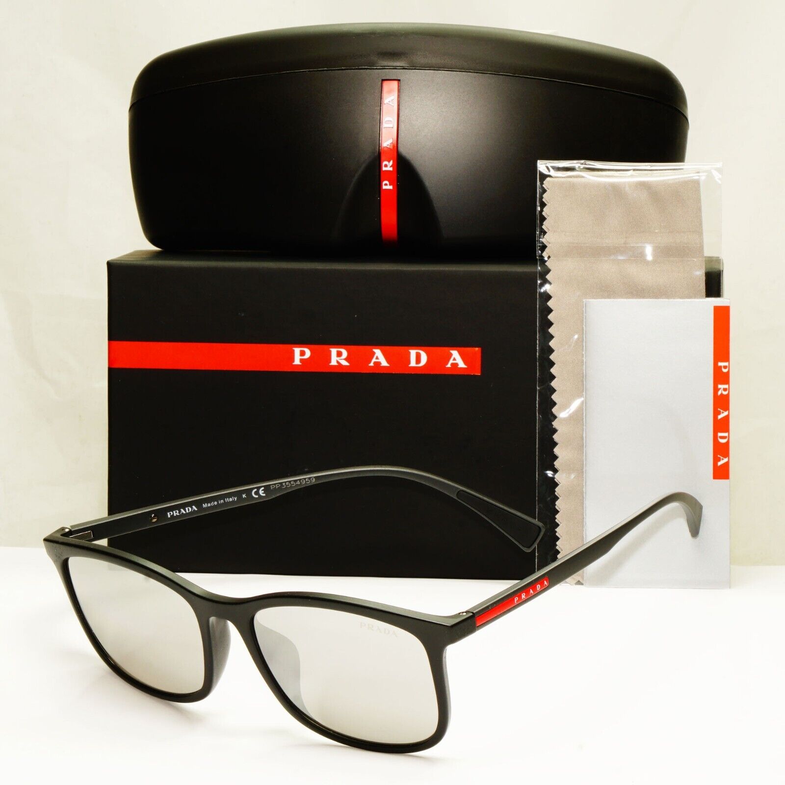 Prada Black Grey Mirror Silver Square Lightweight Sunglasses SPS 01T F DG0-2B0