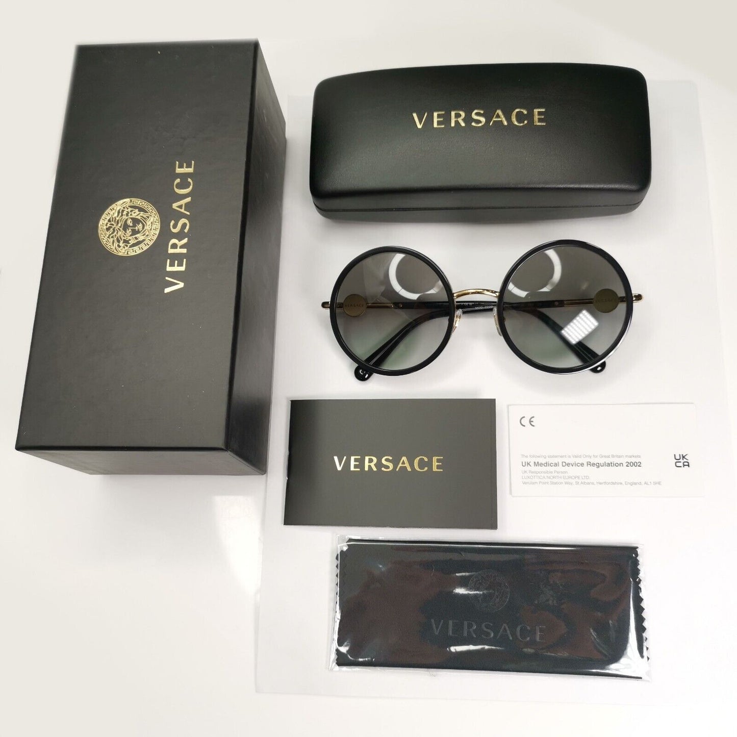 Versace Sunglasses Black Round Gold Medusa Grey Gradient MOD VE 2229 1002/11