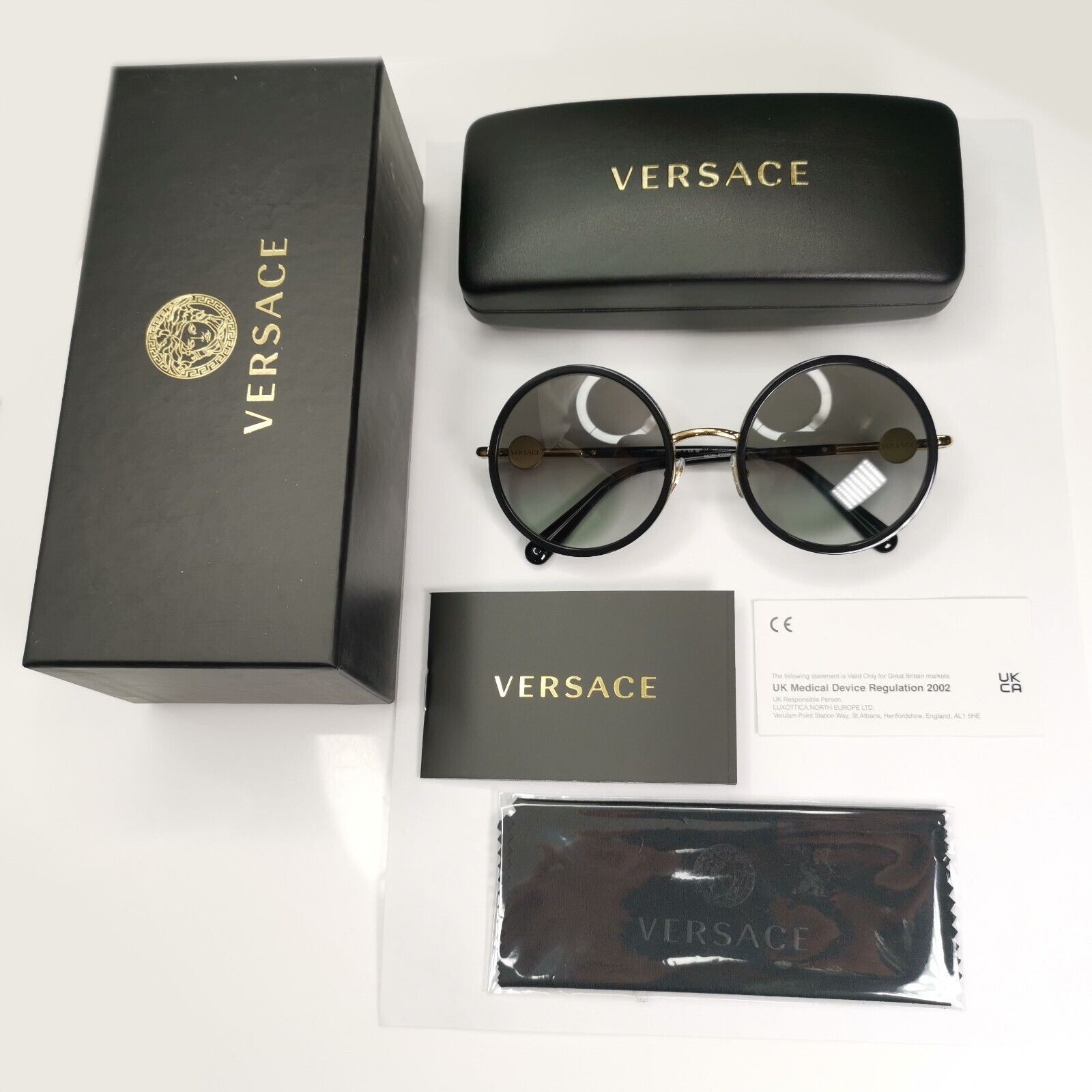 Versace Sunglasses Black Round Gold Medusa Grey Gradient MOD VE 2229 1002/11