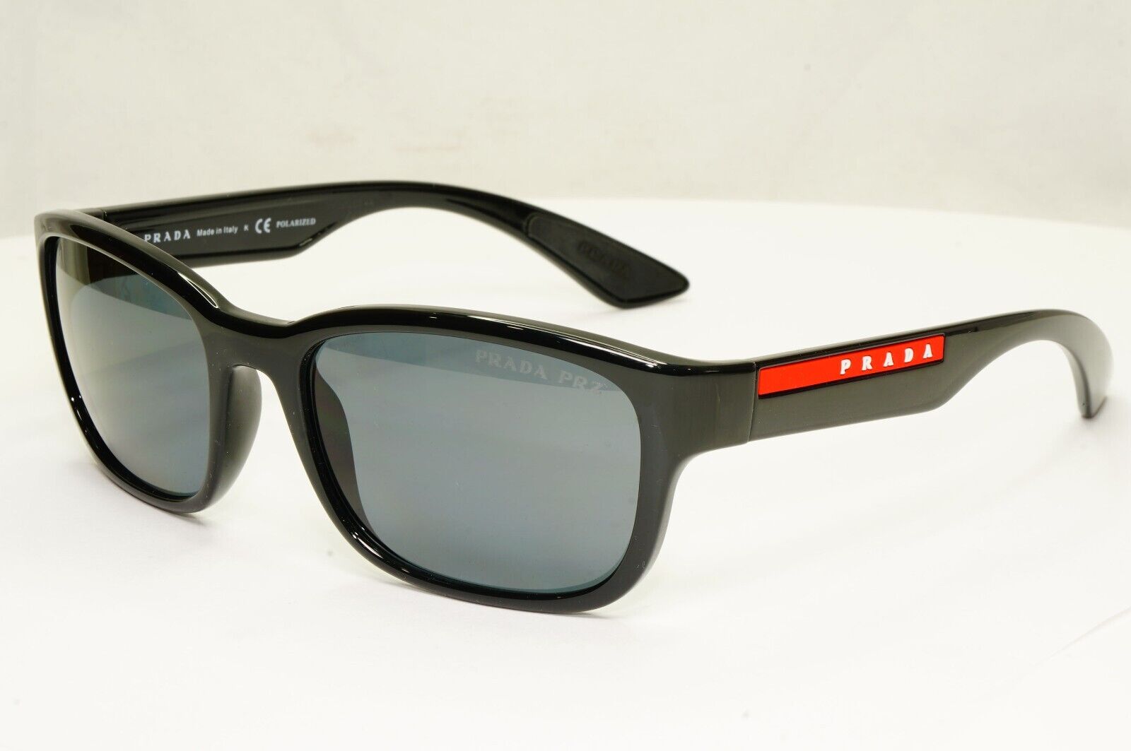 Prada Polarized Black Grey Sunglasses Square Mens Red Stripe SPS 05V 1AB-02G [A]