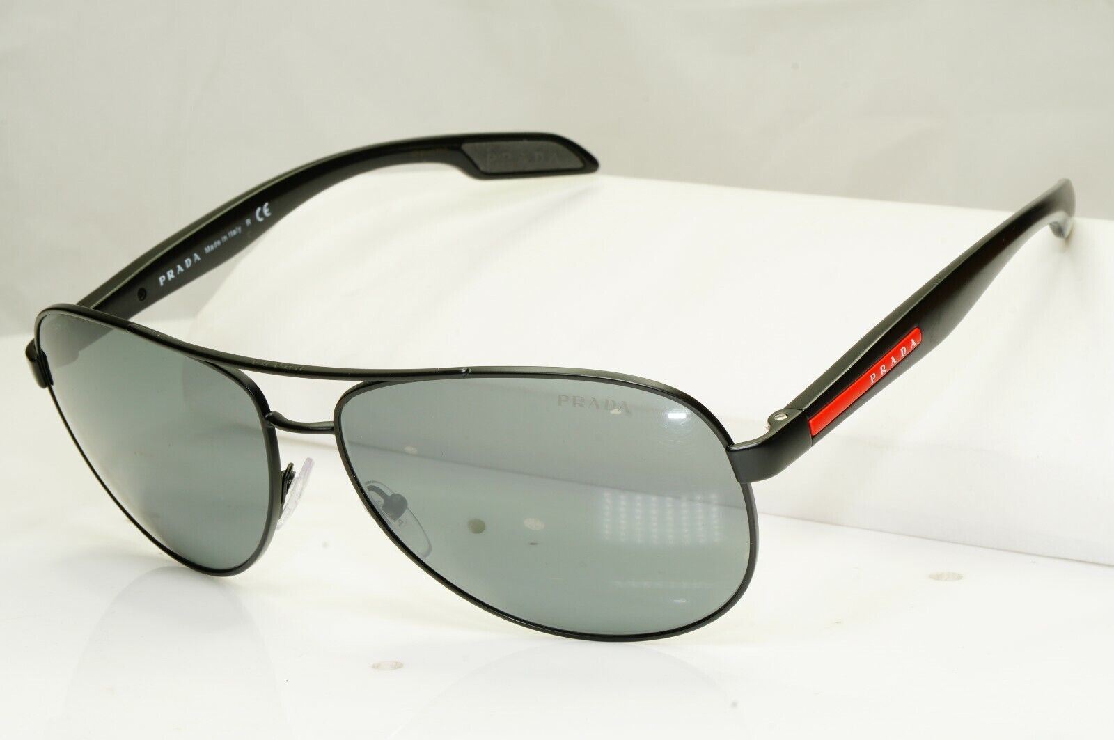 Prada Black Grey Mirror Pilot Sunglasses Mens SPS 53P 1BO-7W1 Red Stripe Sport