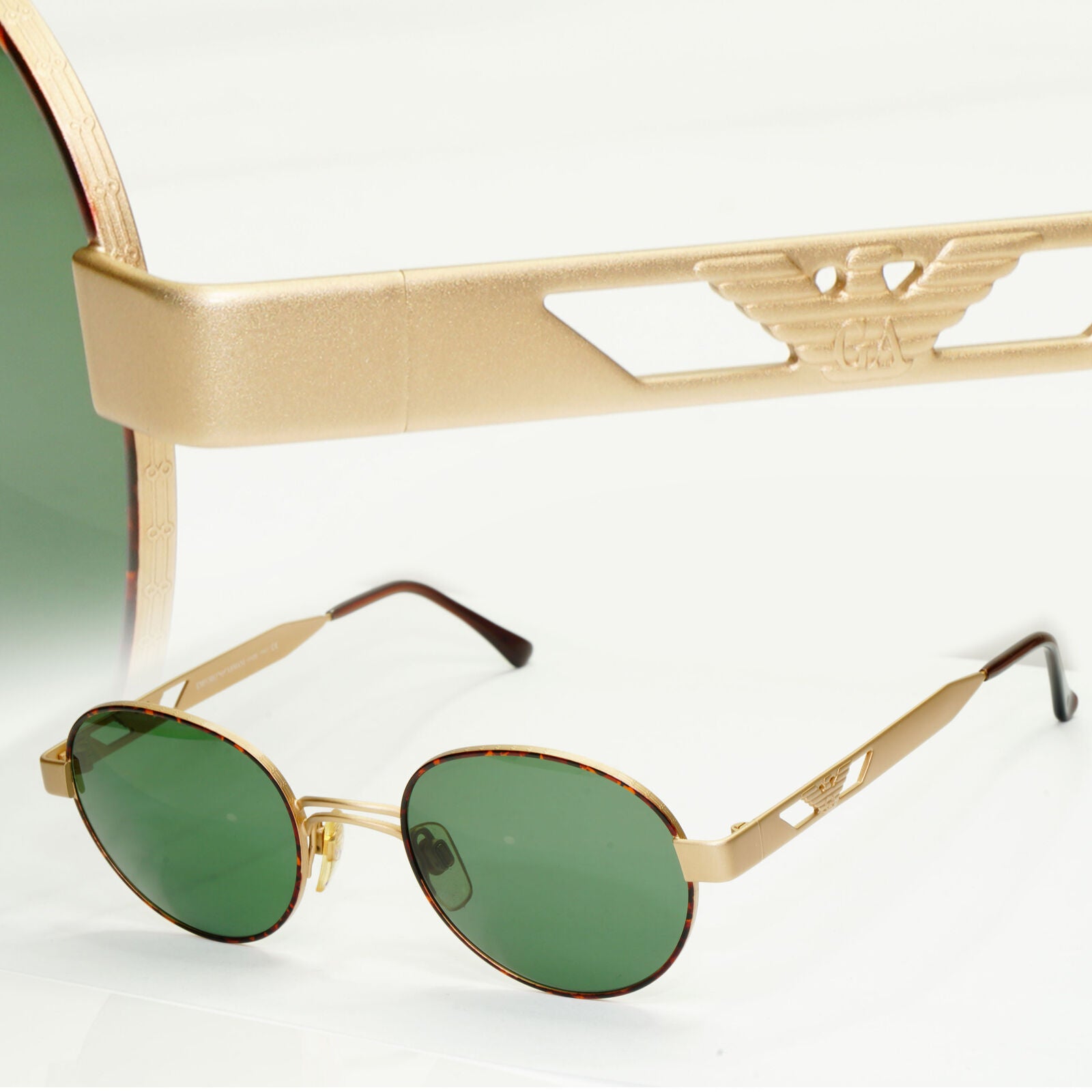 Emporio Armani Sunglasses 1997 Vintage Gold Round Green Eagle Metal 023-S 833 XL