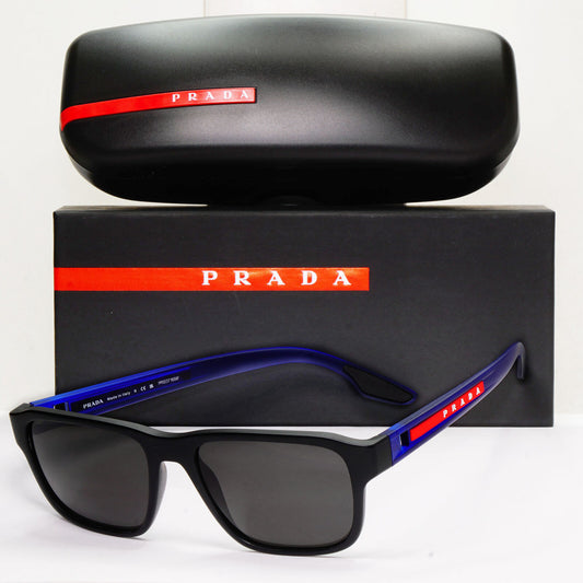 Prada Sunglasses Black Blue Rubber Square Red Stripe PS04NV VPS 04N 15C-1O1 52mm