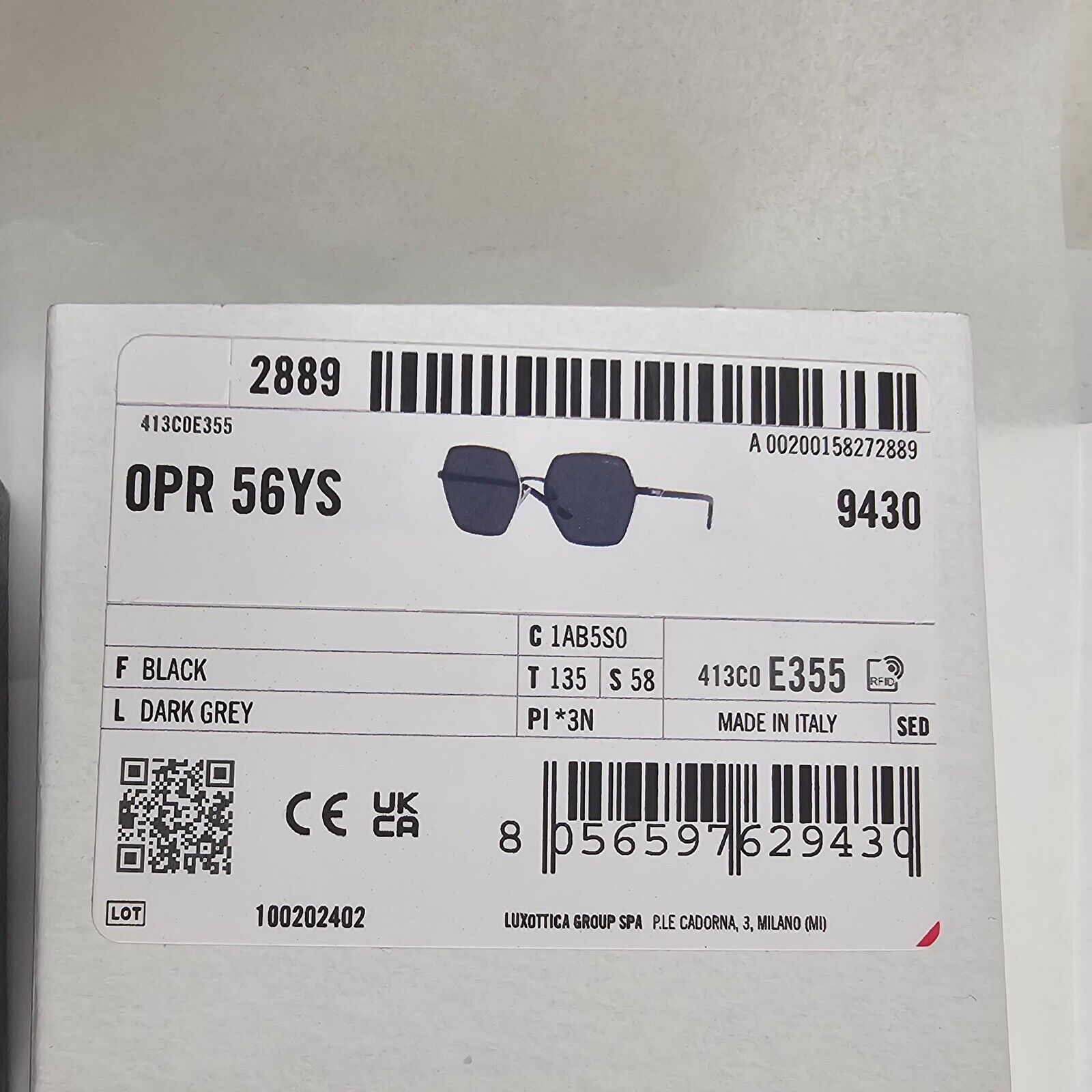 Prada Sunglasses Black Hexagon Angular Square PR56YS SPR 56Y 1AB-5S0 58mm