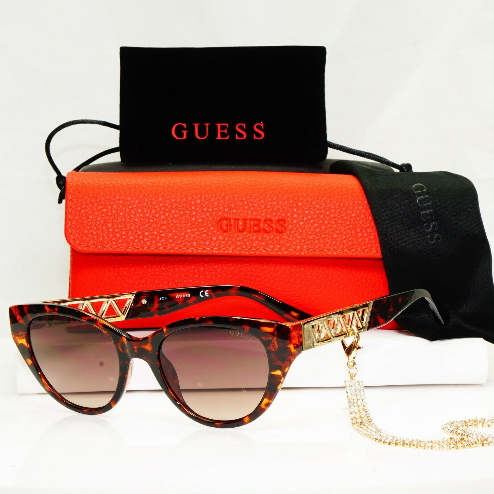 Authentic GUESS Womens Sunglasses Brown Gold Crystal Diamante Chain GU 7690 52F