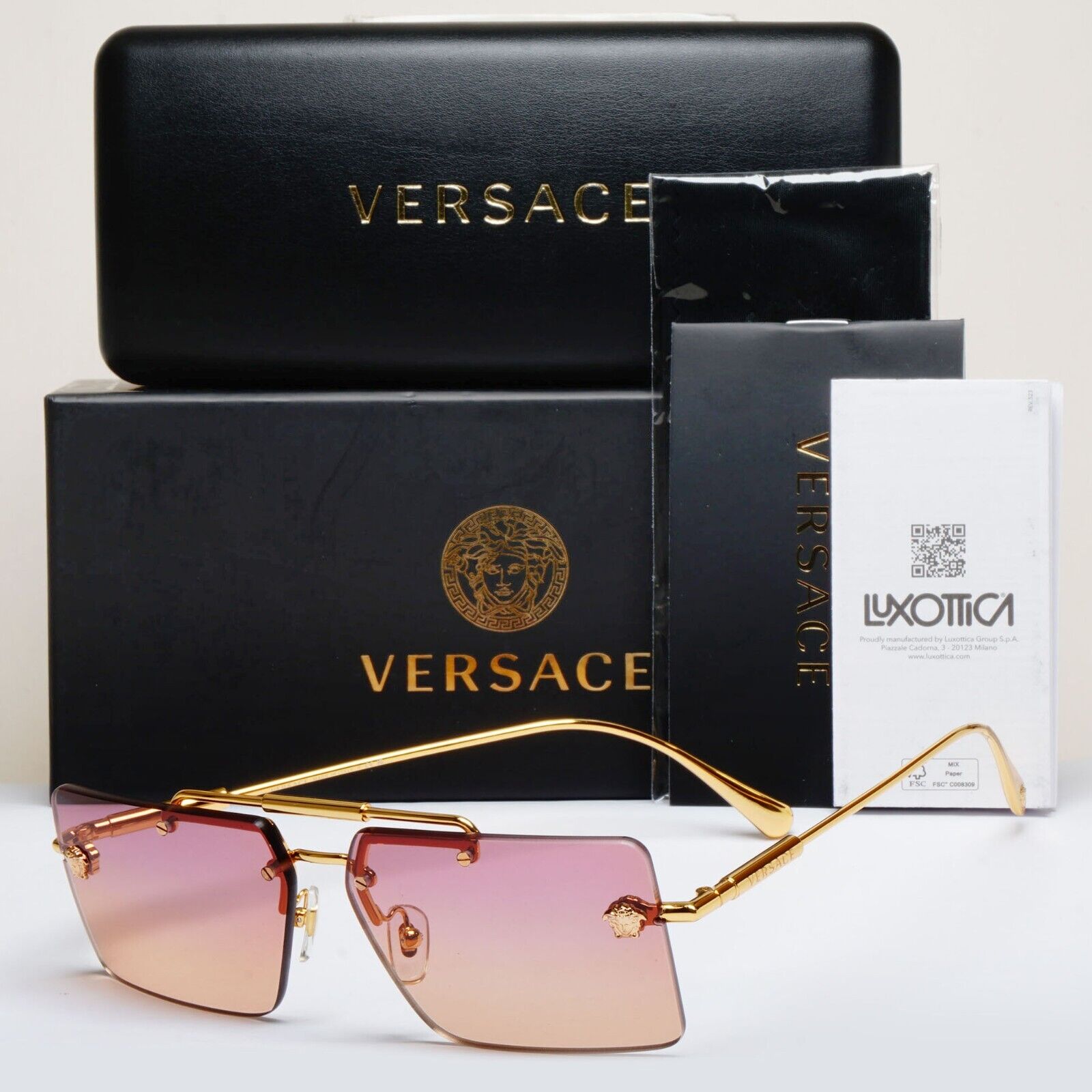 Versace Sunglasses Gold Rimless Gold Fuchsia Orange Gradient MOD VE 2245 1002/78