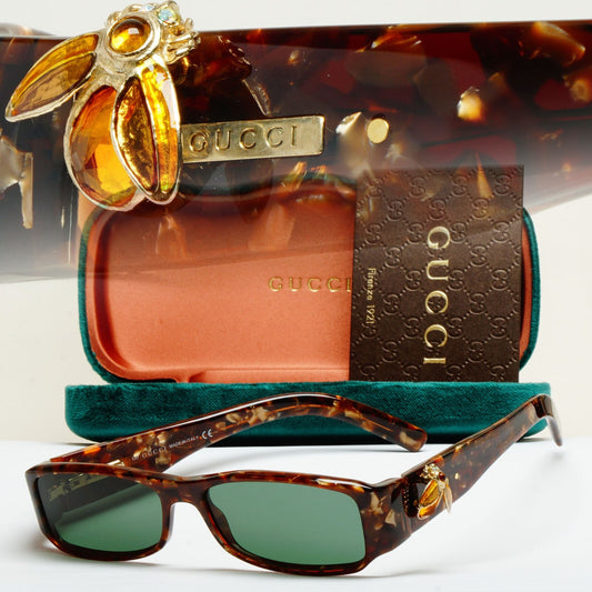 Gucci Sunglasses 2004 Vintage Gold Bee Green Havana Rectangle GG 2904 EGQ 52mm B