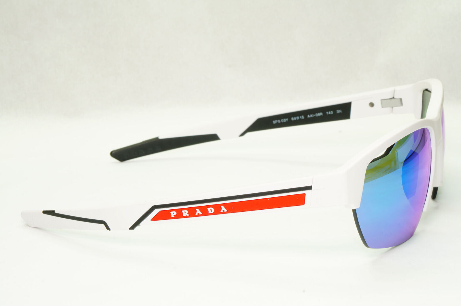 Prada Sunglasses White Blue Mirror Wrap Sport Red Stripe PS03YS SPS 03Y AAI-08R