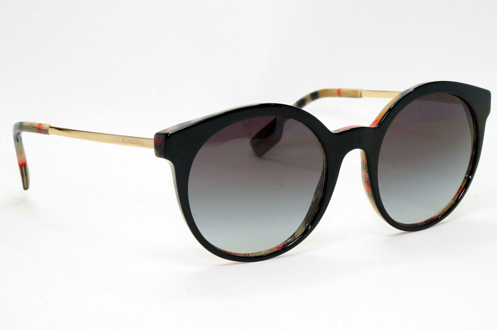 Burberry Sunglasses Black Gold Grey Gradient Round Plaid Check BE 4296 3806/8G