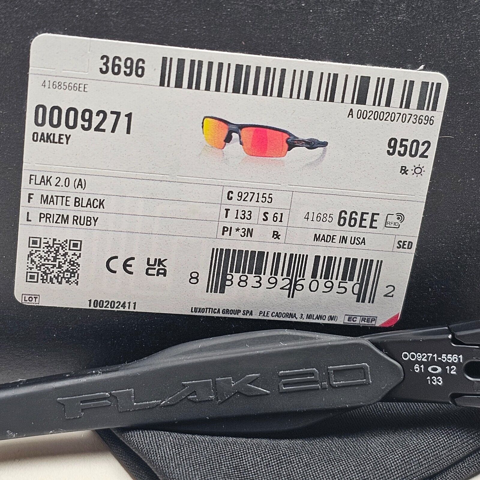 Oakley Sunglasses Flak 2.0 (A) Matte Black Prizm Ruby  OO 9271 55