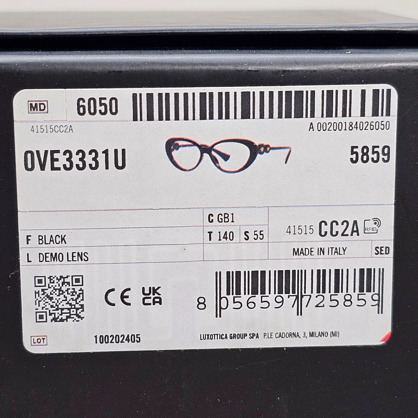 Versace Sunglasses Black Gold Medusa Cat Eye MOD VE 3331-U GB1 55mm