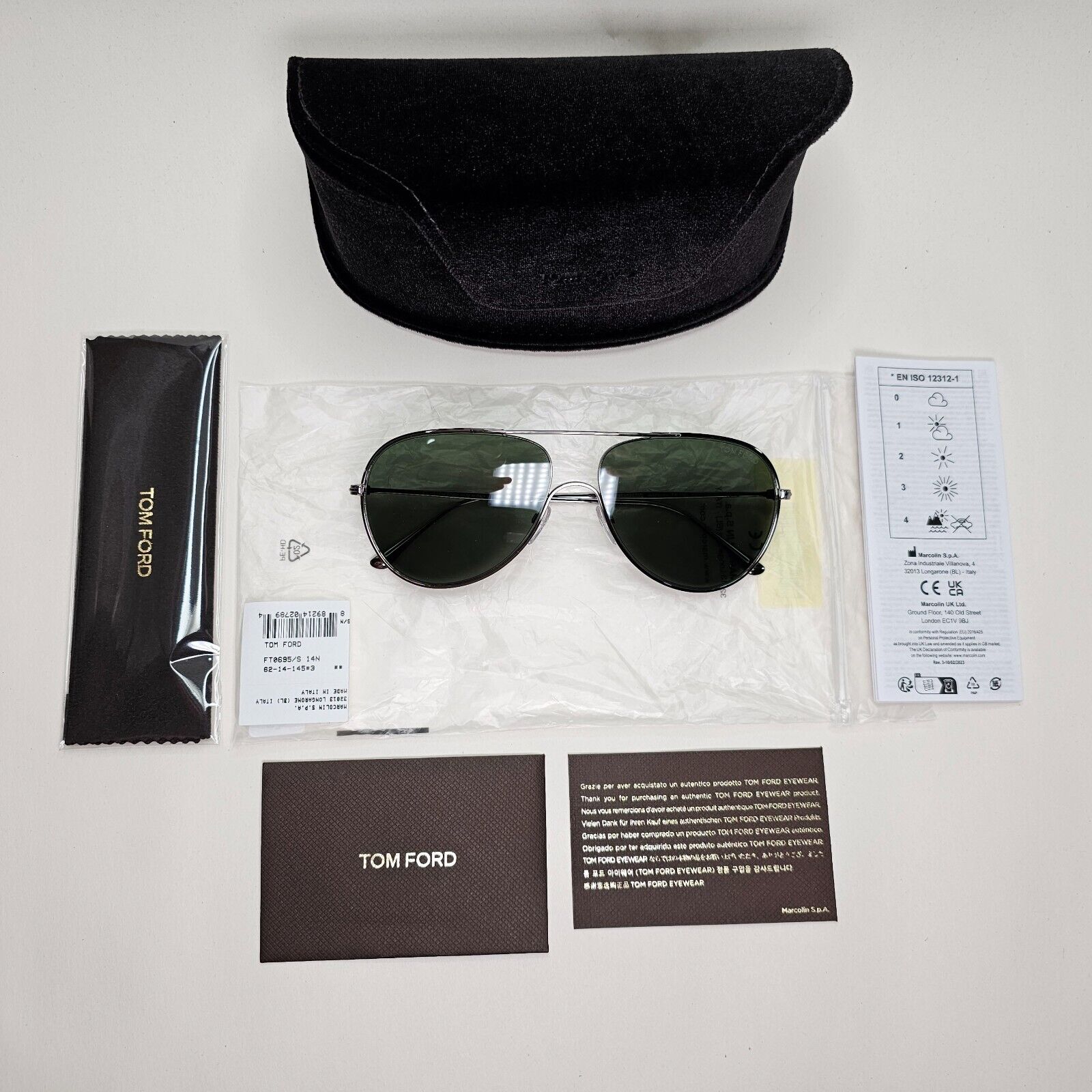 Tom Ford Sunglasses Anthony Gunmetal Dark Green Metal Pilot FT0695 TF 695 14N
