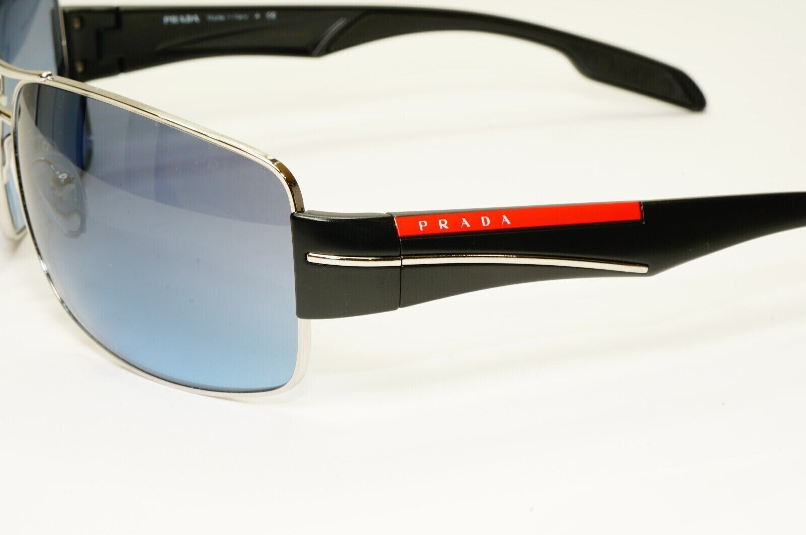 Prada Blue Black Sunglasses Silver Gradient SPS 53N 1BC-5I1 Red Stripe 061223