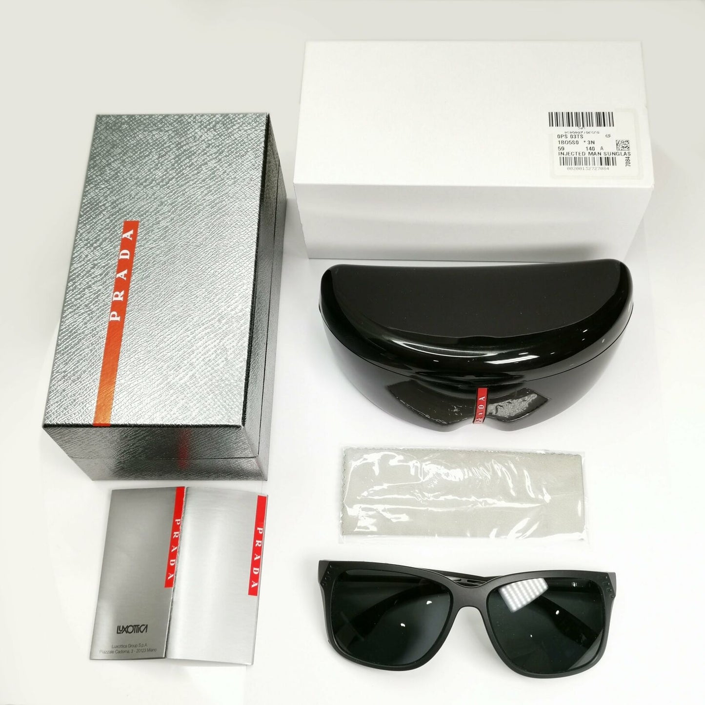 Prada Black Sunglasses Square Mens Designer Sport SPS 03T 1BO-5S0 Red Stripe