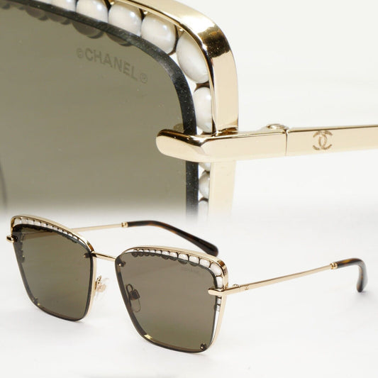 Chanel Sunglasses Gold Pearl Square Metal Pale Brown Green 4235-H C395/S7 041223