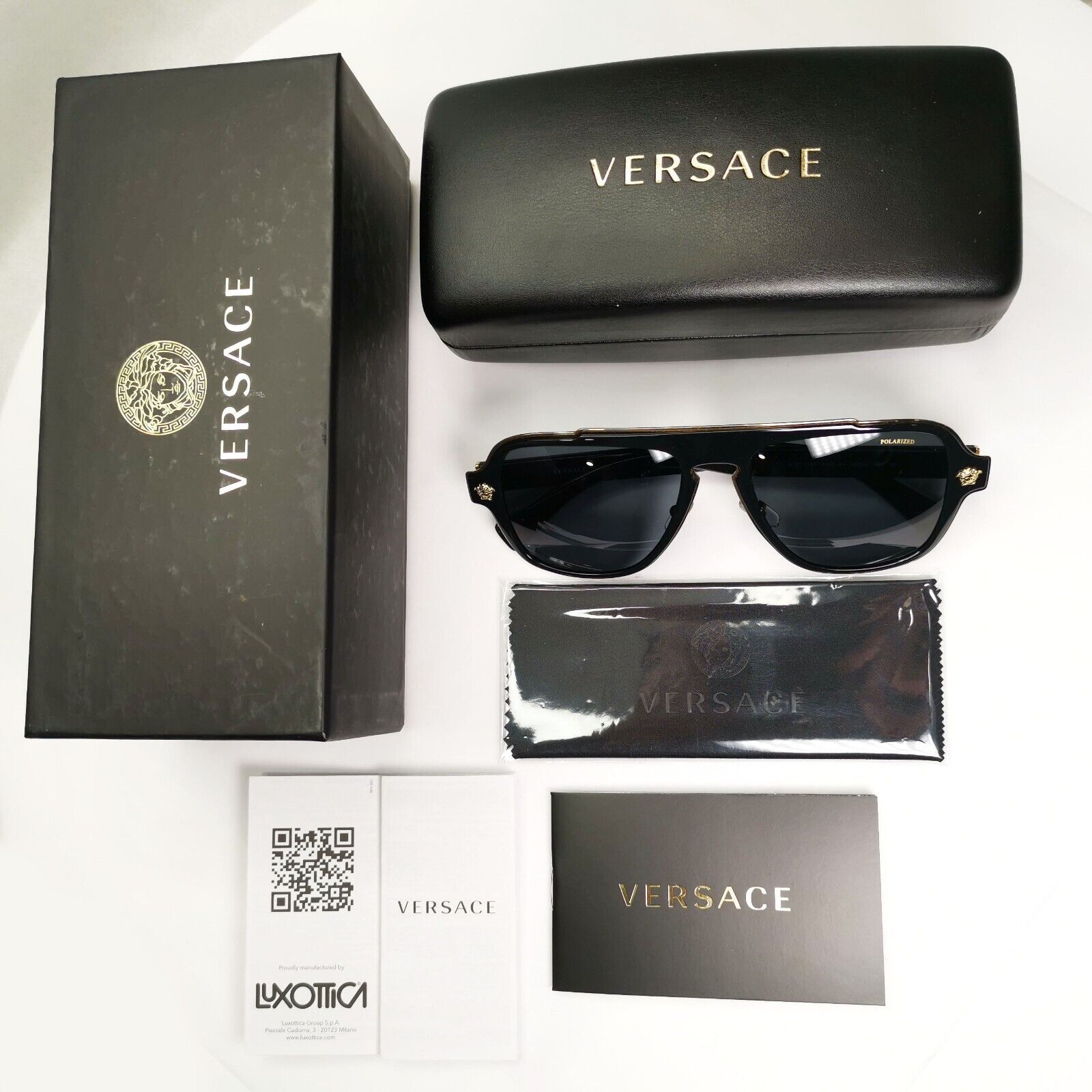 Versace Sunglasses Polarized Black Gold Square Navigator MOD VE 2199 1002/81