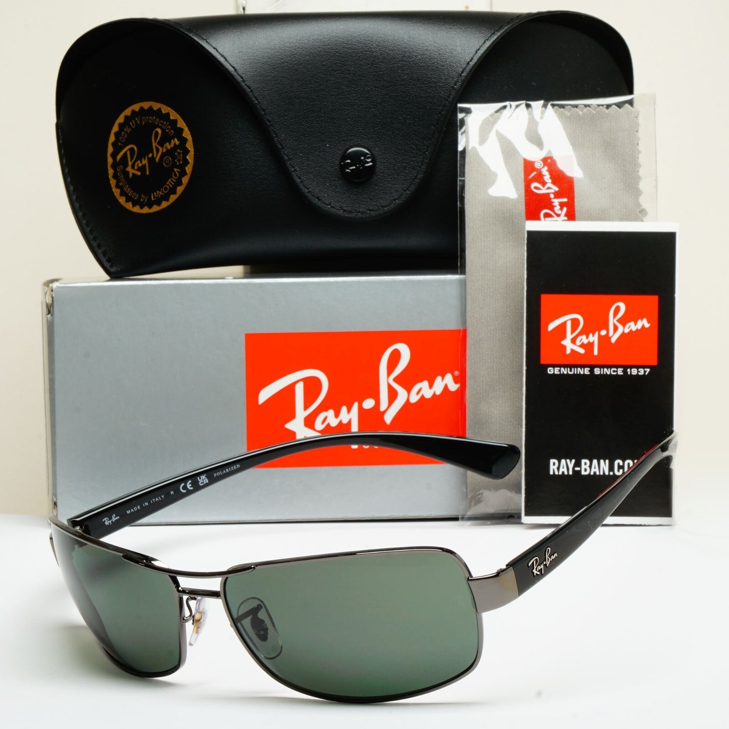 Ray-Ban Sunglasses Polarized Dark Green Gunmetal Wrap Navigator RB 3379 004/58