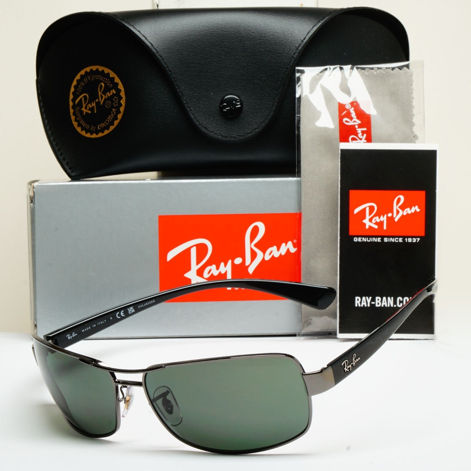 Ray-Ban Sunglasses Polarized Dark Green Gunmetal Wrap Navigator RB 3379 004/58