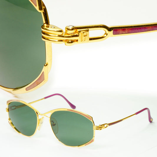 Fred 1990s Vintage Sunglasses 23K Gold Plated Green Metal Square Joyau 261022