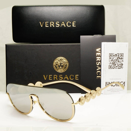 Versace Sunglasses Gold Silver Mirror Medusa Shield Unisex MOD VE 2215 1252/6G