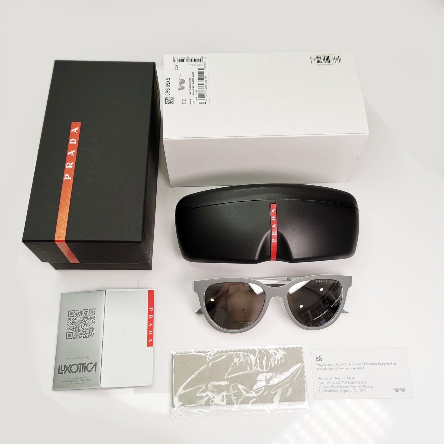 Prada Polarised Silver White Grey Sunglasses Red Stripe PS05XS SPS 05X 04S-04L