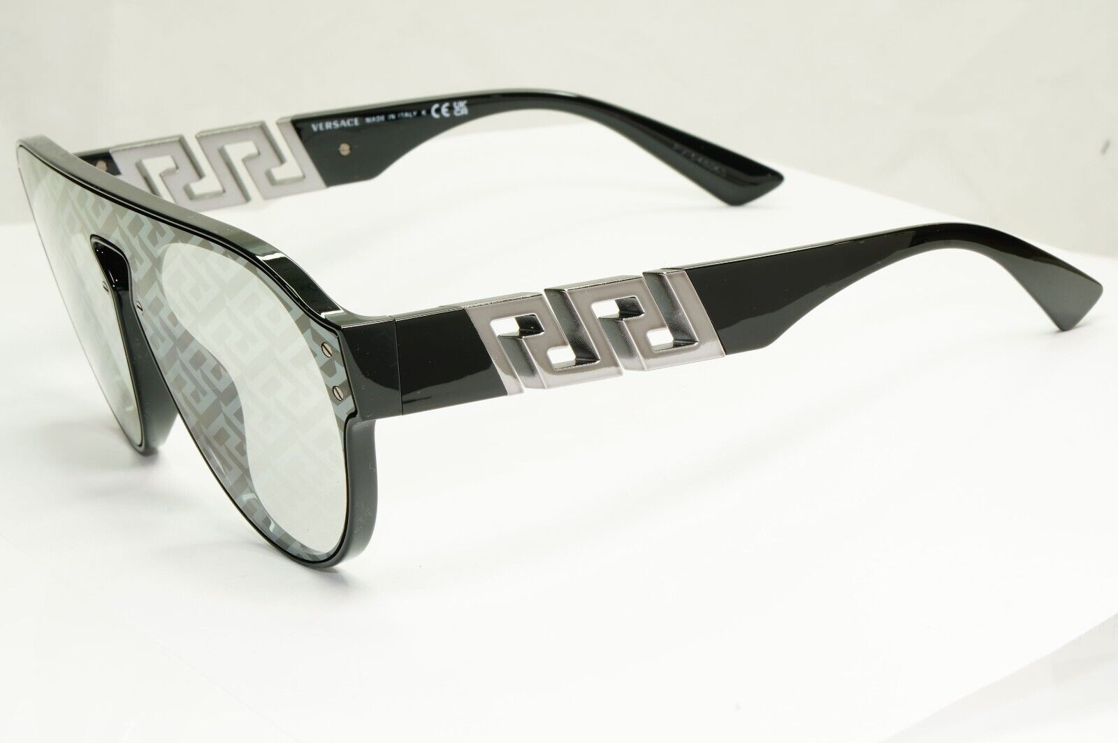 Versace Monogram Mirror Sunglasses Black Silver Pattern Pilot VE 4420 GB1/AL