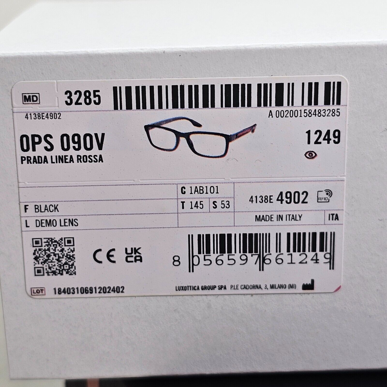 Prada Sunglasses Black Glossy Square Red Linea Rossa PS09OV VPS 09O 1AB-1O1 53mm