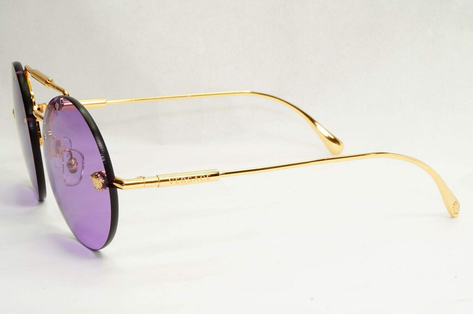 Versace Sunglasses Gold Round Rimless Medusa Violet MOD VE 2244 1002/69 56mm