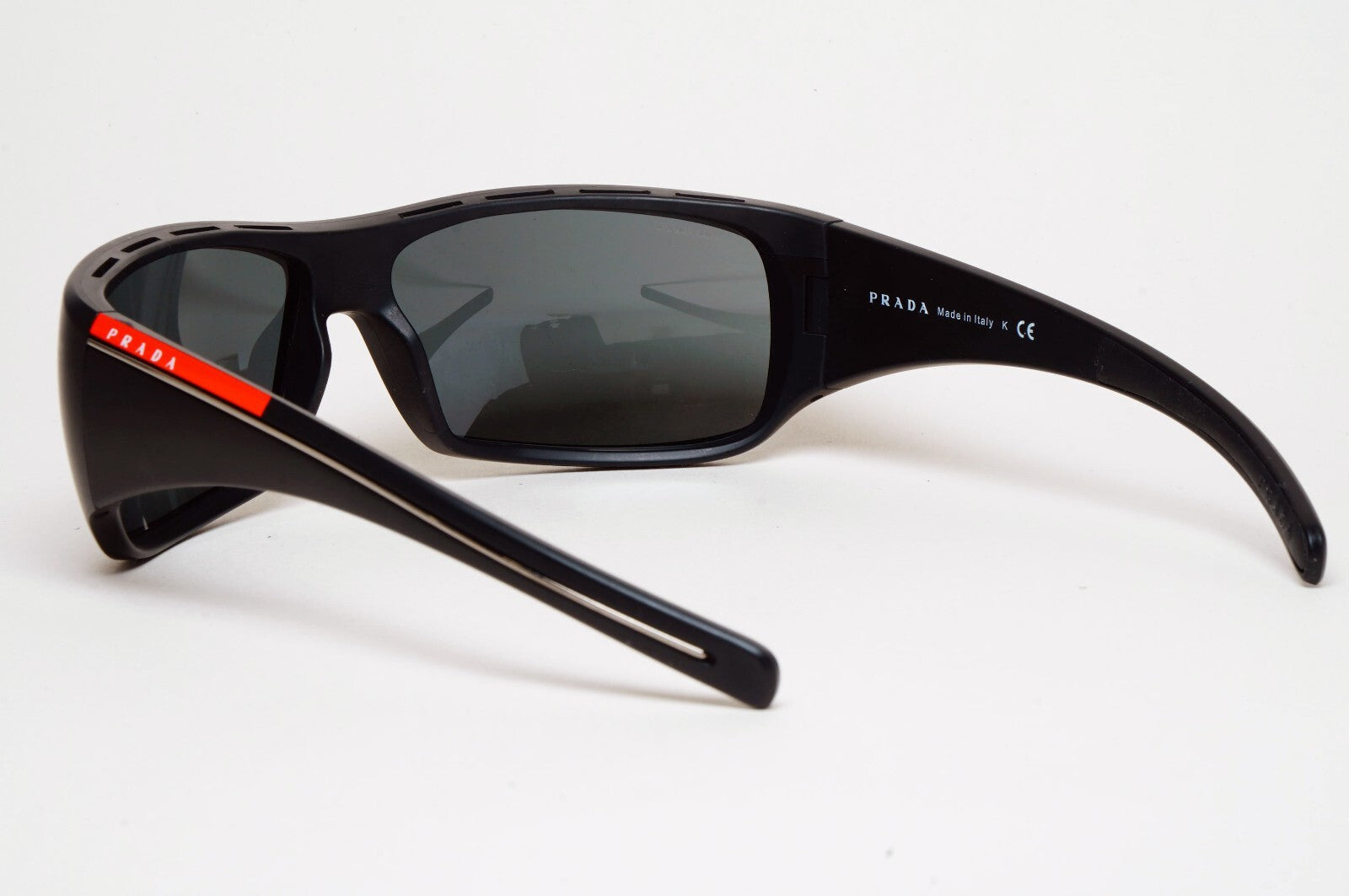 Prada Sunglasses Black Mattw Wrap Red Stripe PS01LS SPS 01L 1BO-1A1 130225