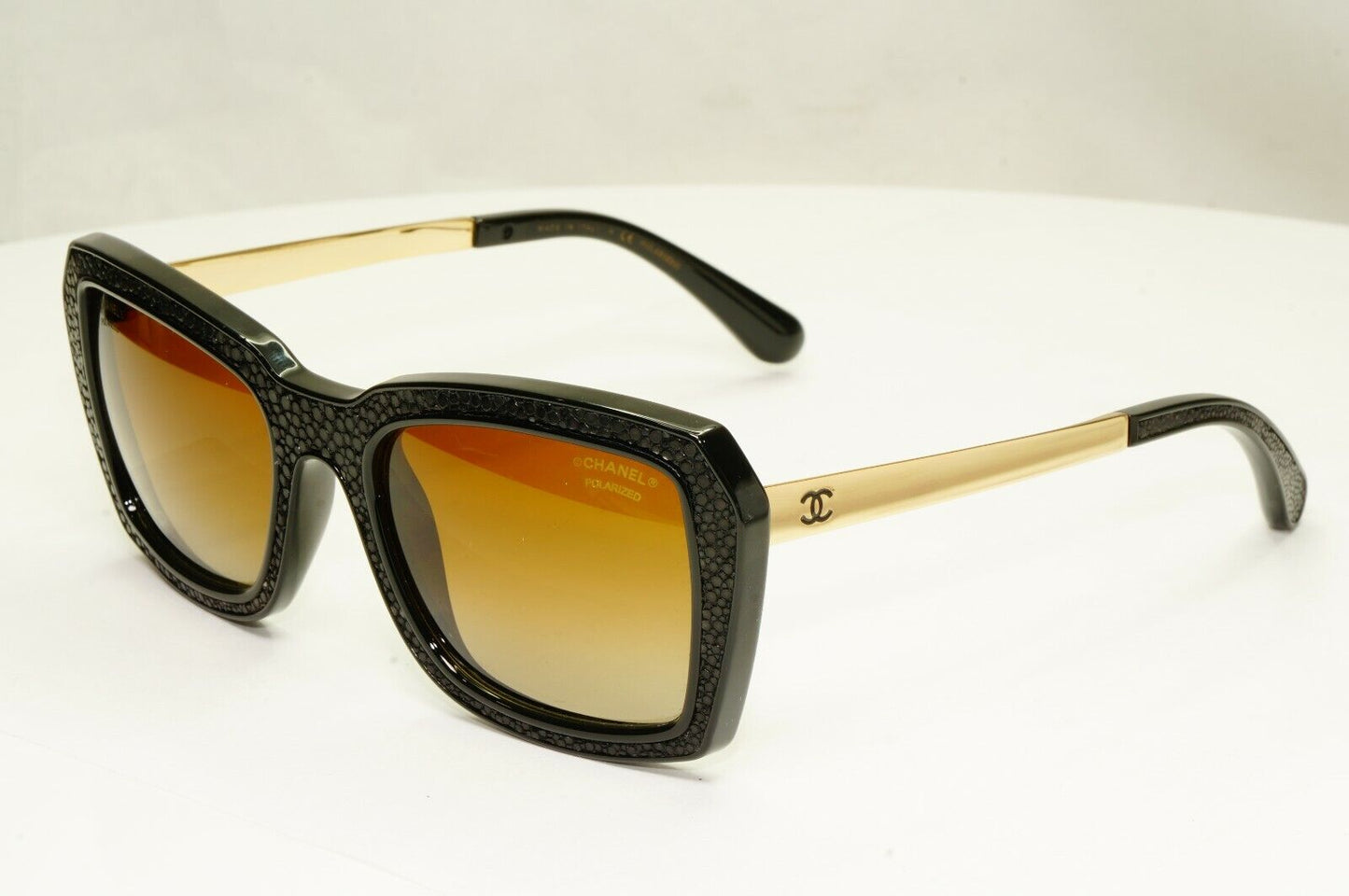 Chanel Stingray Leather Sunglasses Polarized Black Gold Brown 6047-Q 622/S9