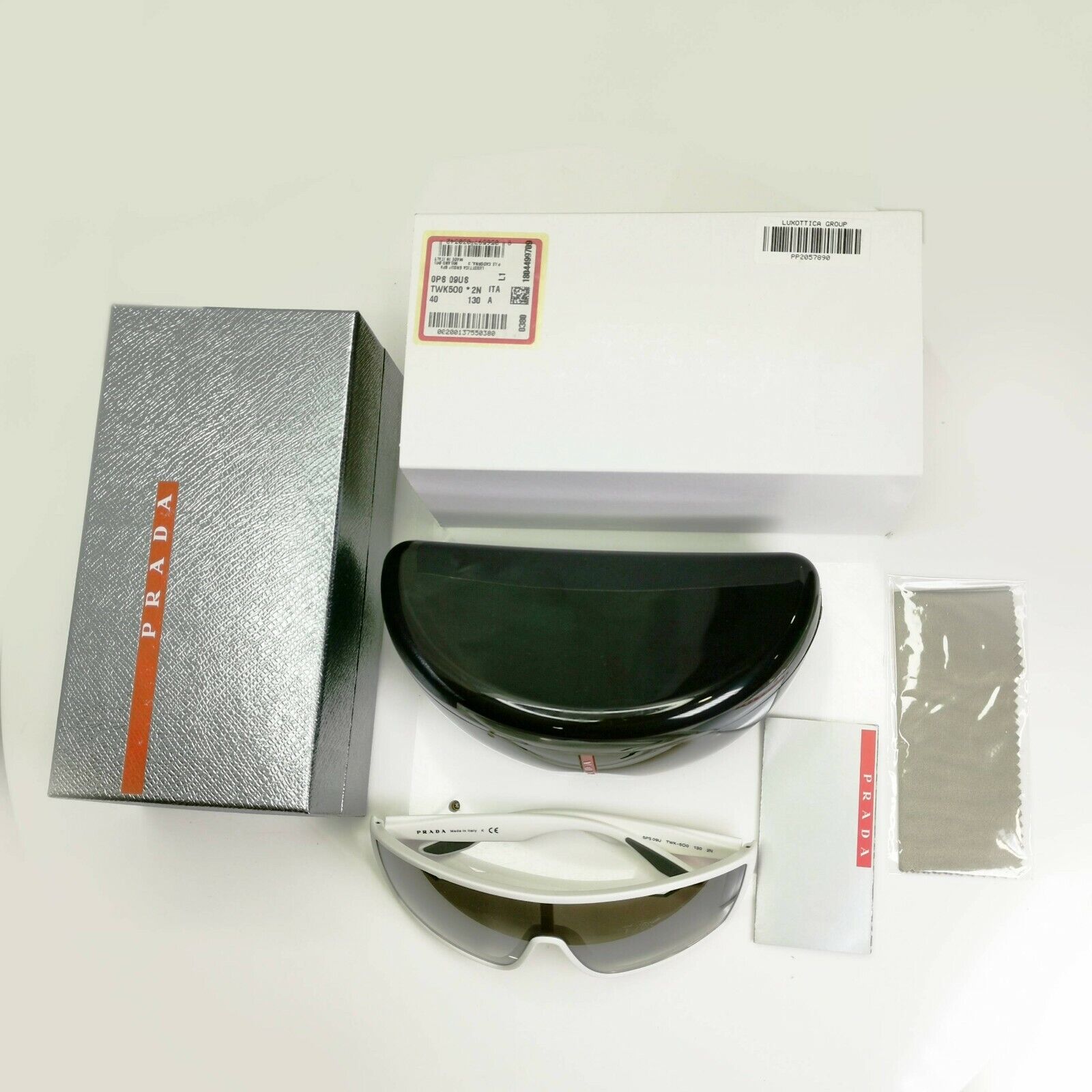 Authentic Prada Mens Sunglasses White Grey Silver Shield Visor SPS 09U TWK-5O0