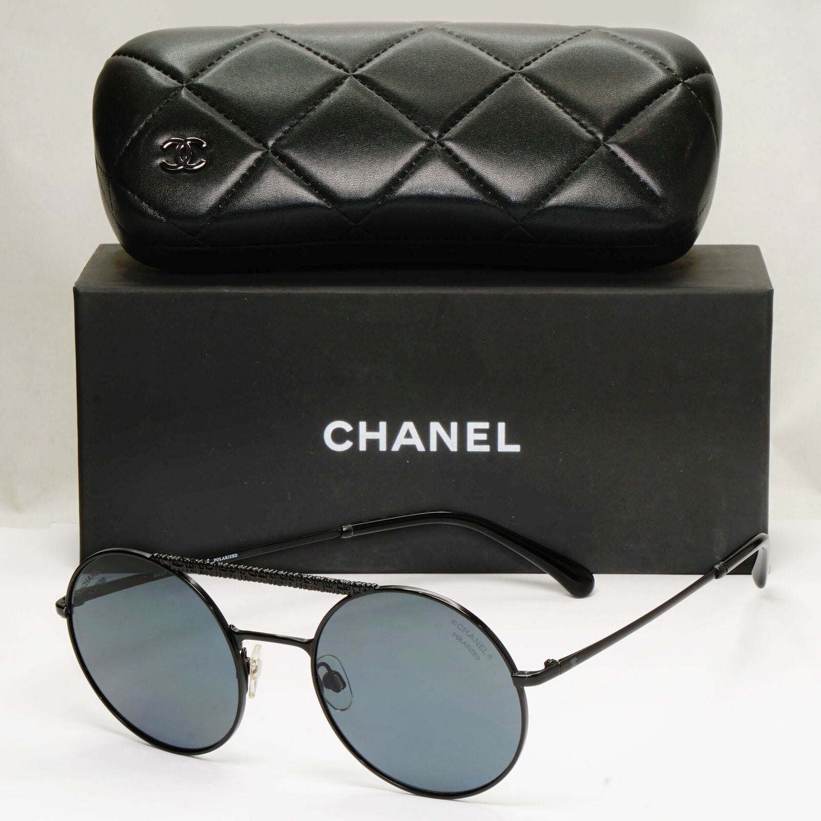 Chanel Black Polarized Sunglasses Round Metal Pilot Luxury 4232 c.101/T8 130523