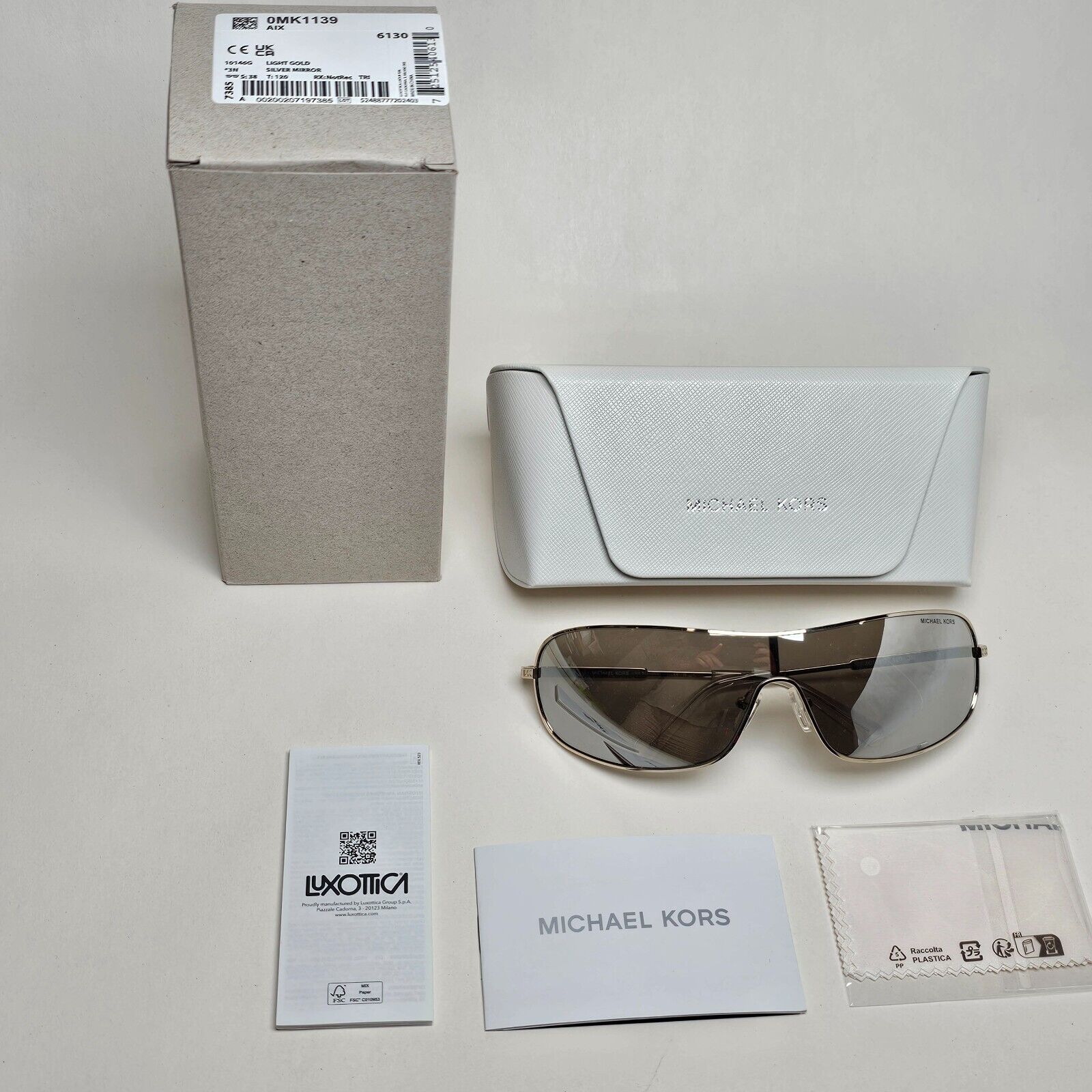 Michael Kors Sunglasses Light Gold Silver Mirror Shield Metal MK 1139 Aix 10146G