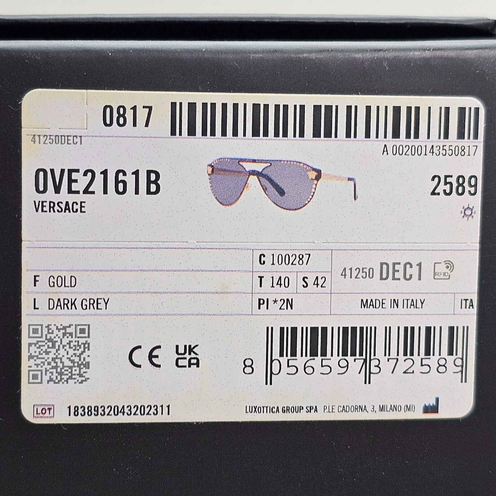Versace Sunglasses Gold Diamante Medusa Grey Unisex MOD VE 2161-B 1002/87